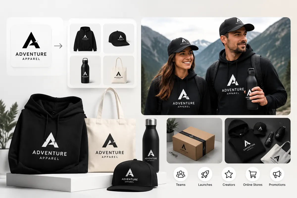 Logo 转化为统一的周边产品体系，涵盖服装、水瓶、托特包和包装
