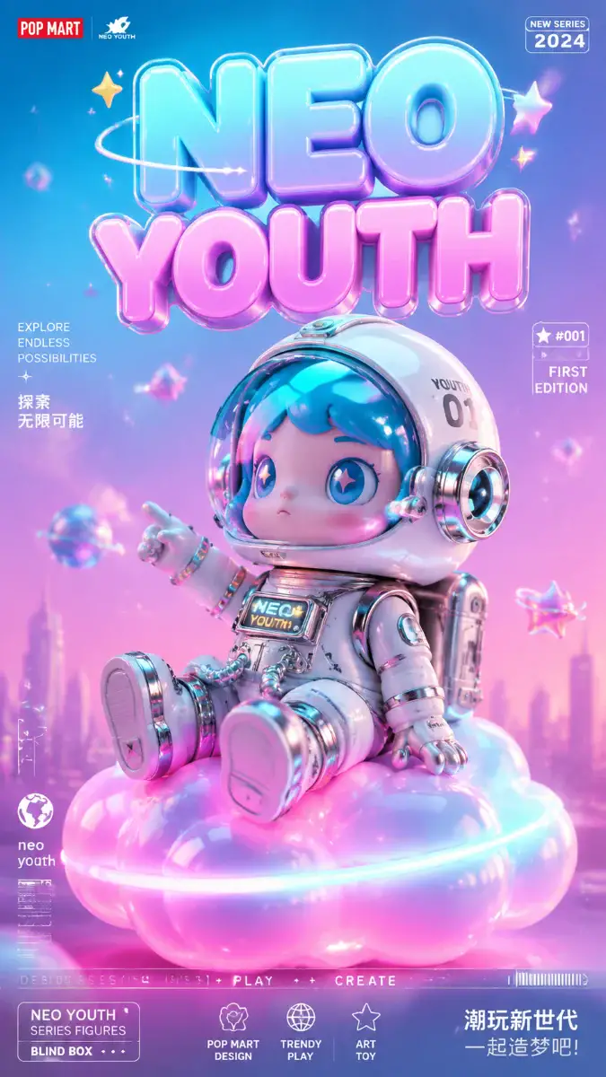 AI-generated 3D art toy poster featuring a glossy astronaut collectible and neon pastel branding