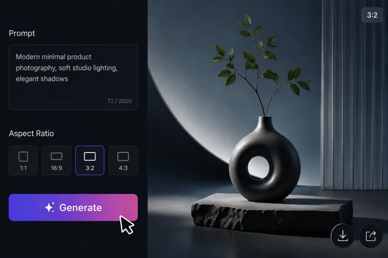 AI image generator export workflow showing resized ad formats for social, story, and video output