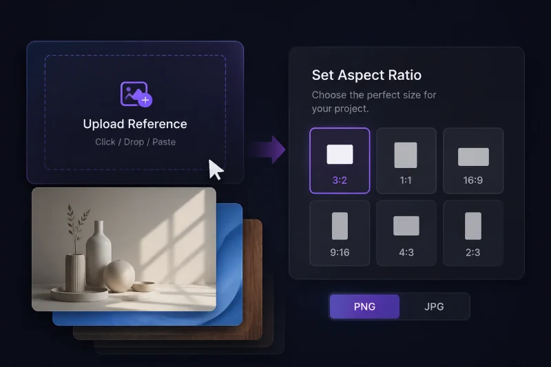 AI image generator reference upload workflow with aspect ratio controls for image to image editing