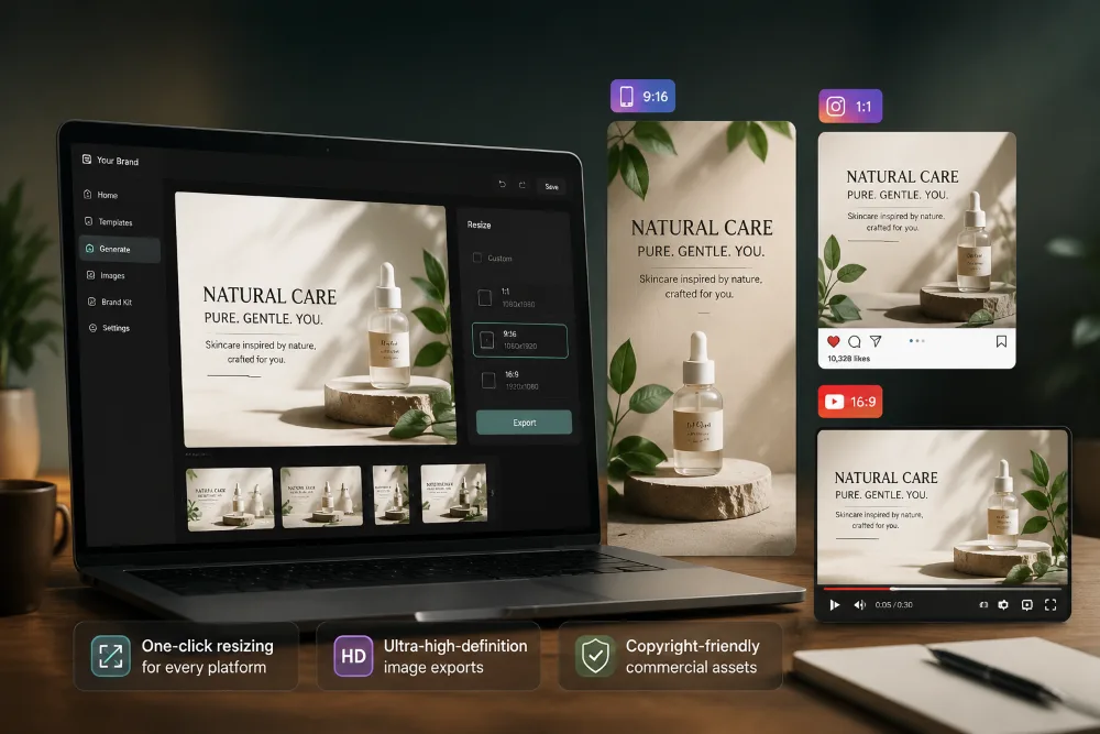 AI image generator resizing a skincare ad for social posts, stories, and HD video exports