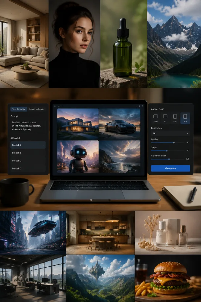 Access this AI image generator workspace on a laptop to create professional portraits and landscapes.