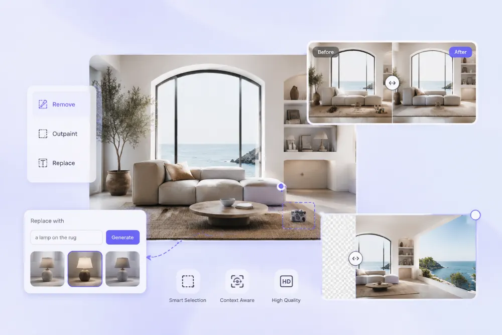 AI image editing tools for removing objects, replacing elements, and extending scene backgrounds