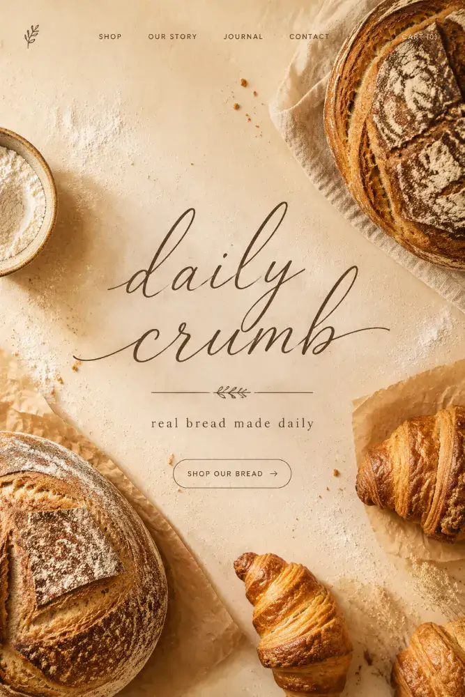 AI-generated bakery homepage hero featuring artisan bread, pastries, and a warm editorial layout