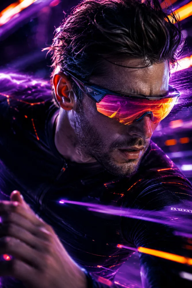 AI-generated cyberpunk sports visual with a moving athlete and neon purple orange light trails