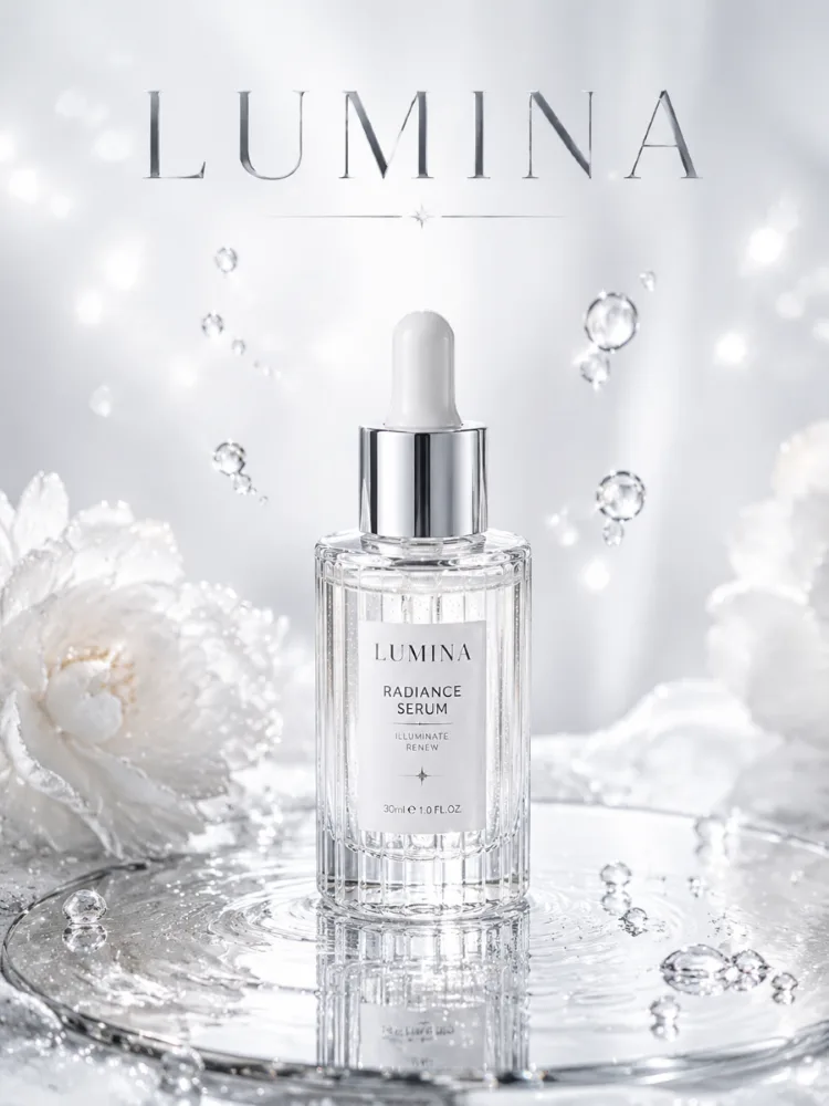 AI-generated glass skin beauty ad with a glowing serum bottle and bright luxury skincare styling