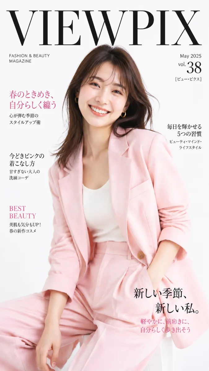 AI-generated Japanese editorial fashion cover with pastel styling and clean magazine typography