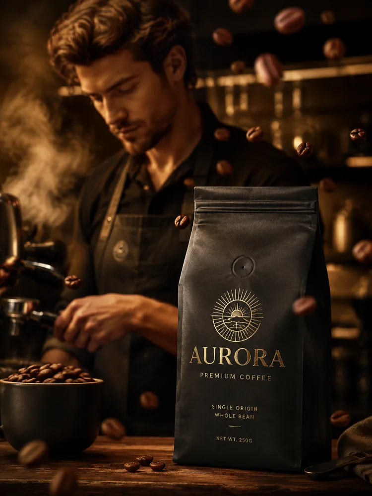 AI-generated luxury coffee branding visual with matte packaging, spotlight drama, and premium styling