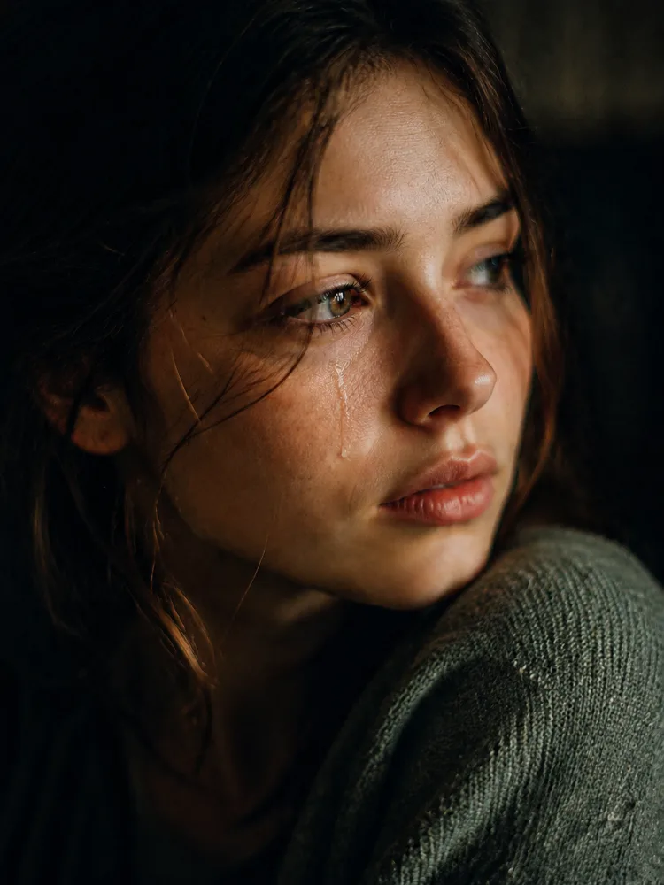 AI-generated cinematic portrait with dramatic lighting, film grain, and realistic emotional detail
