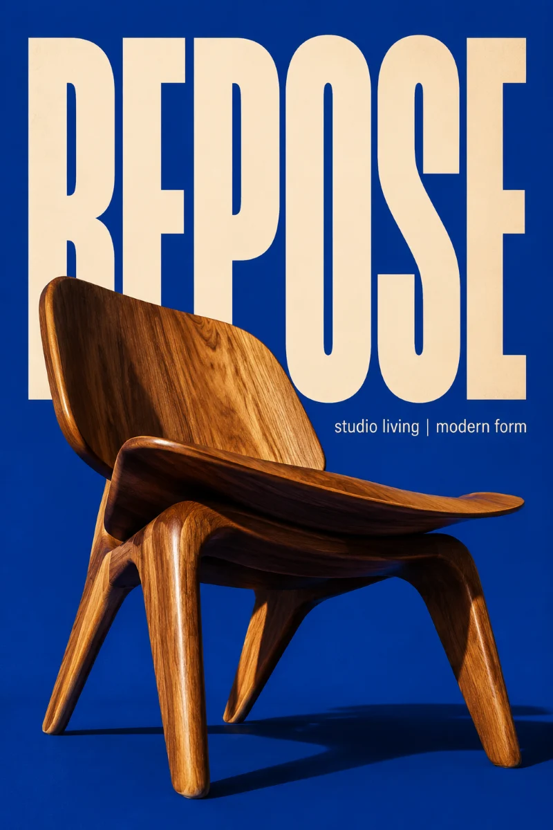 AI-generated retro modern furniture poster with a sculpted chair and bold cobalt backdrop