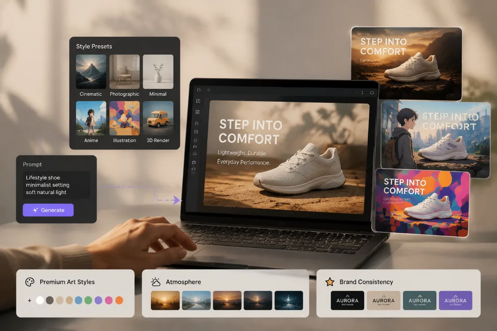 AI image generator style preset controls for switching aesthetic looks across branded visuals