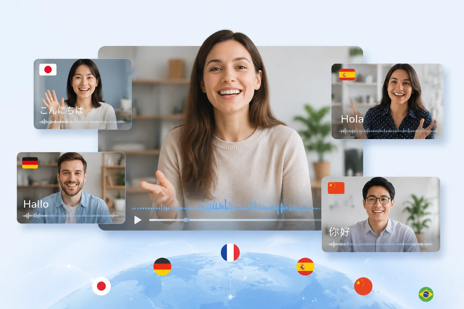 Multilingual dubbing video preview showing translated audio matched to visible mouth movement