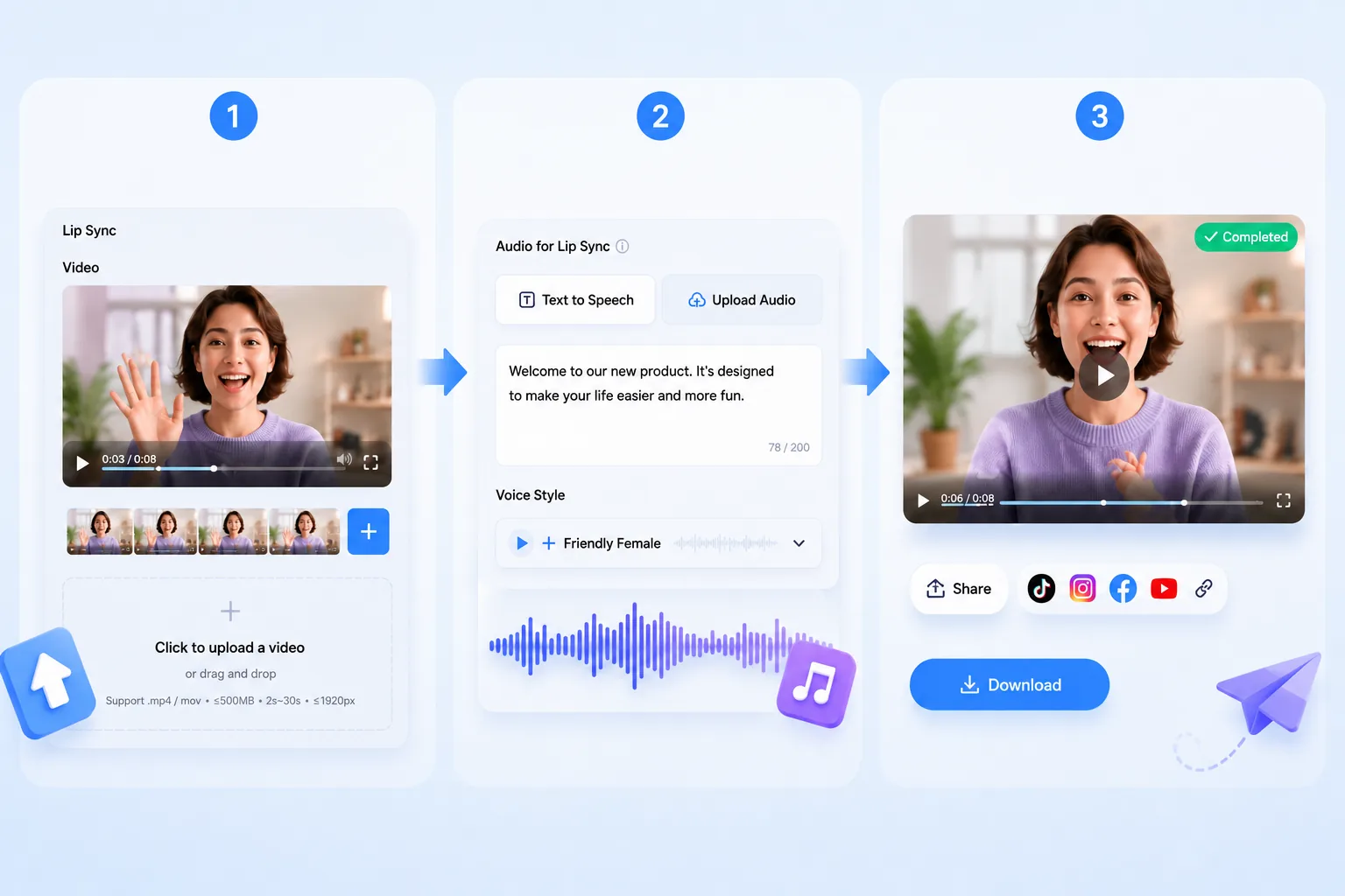 Online lip sync workflow showing the steps from video upload to voice matching and sharing