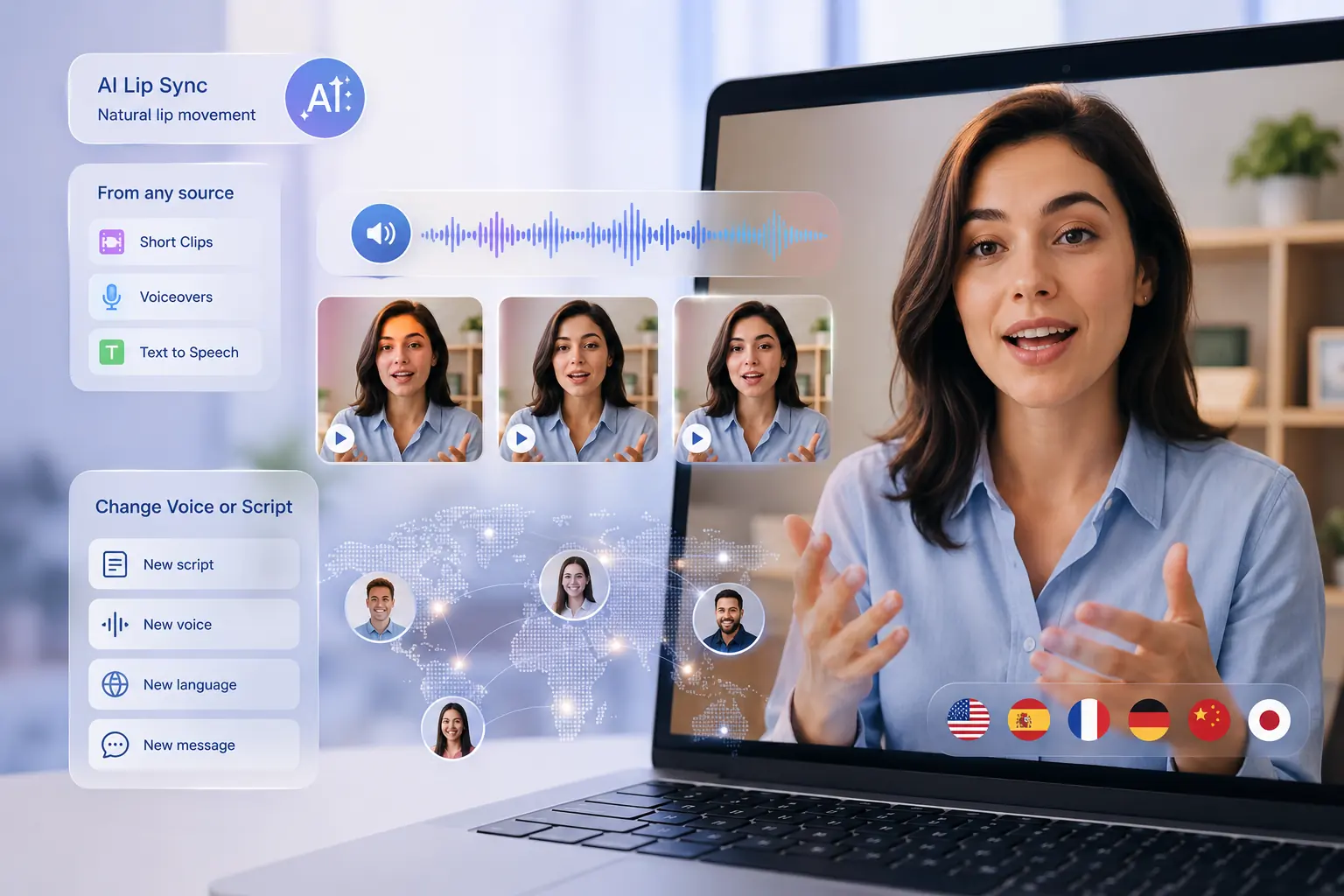 Updated video script and voice preview showing reused footage with new AI lip sync audio