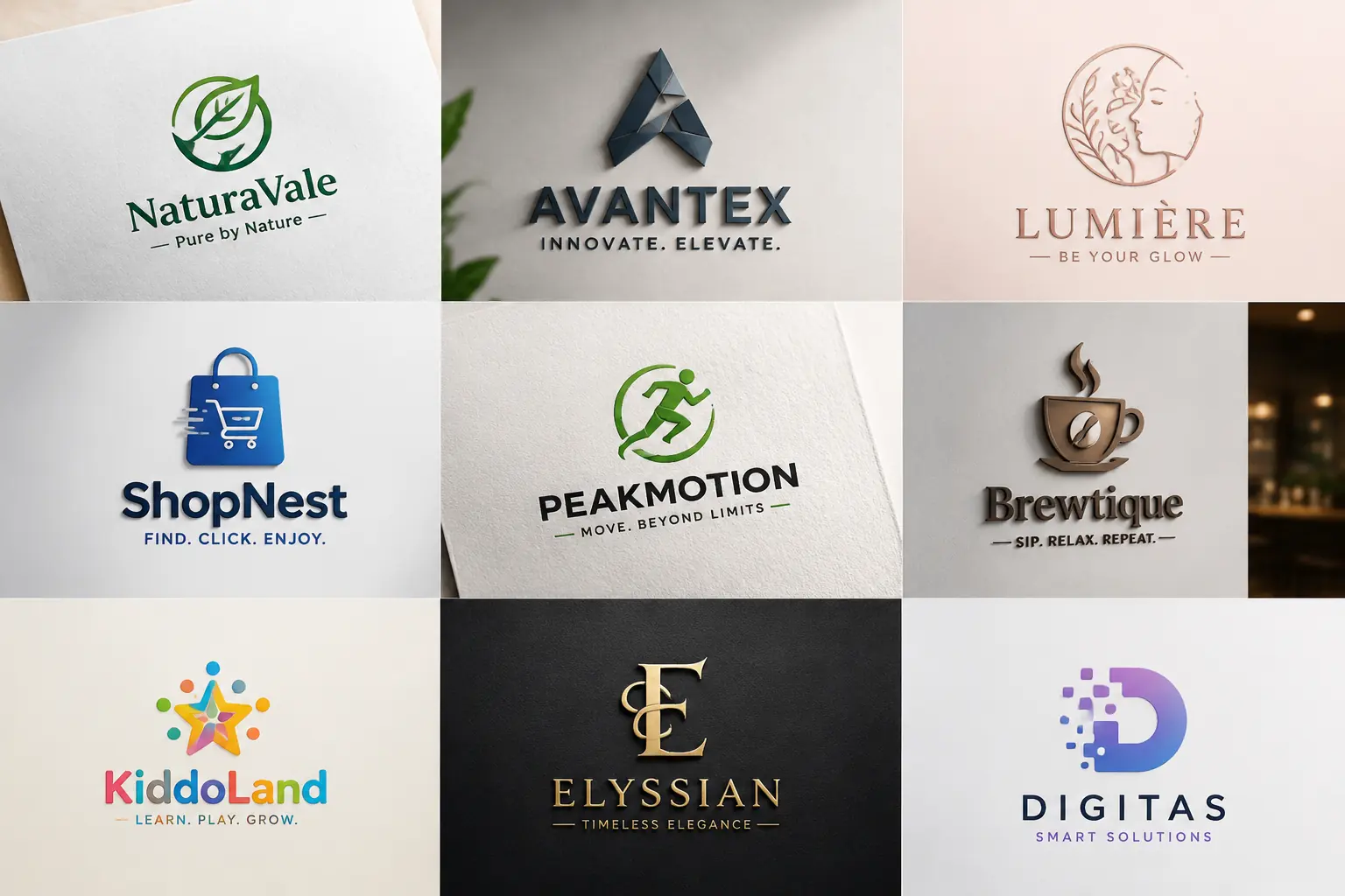 Gallery of AI logo generator results for retail, service, and startup brands