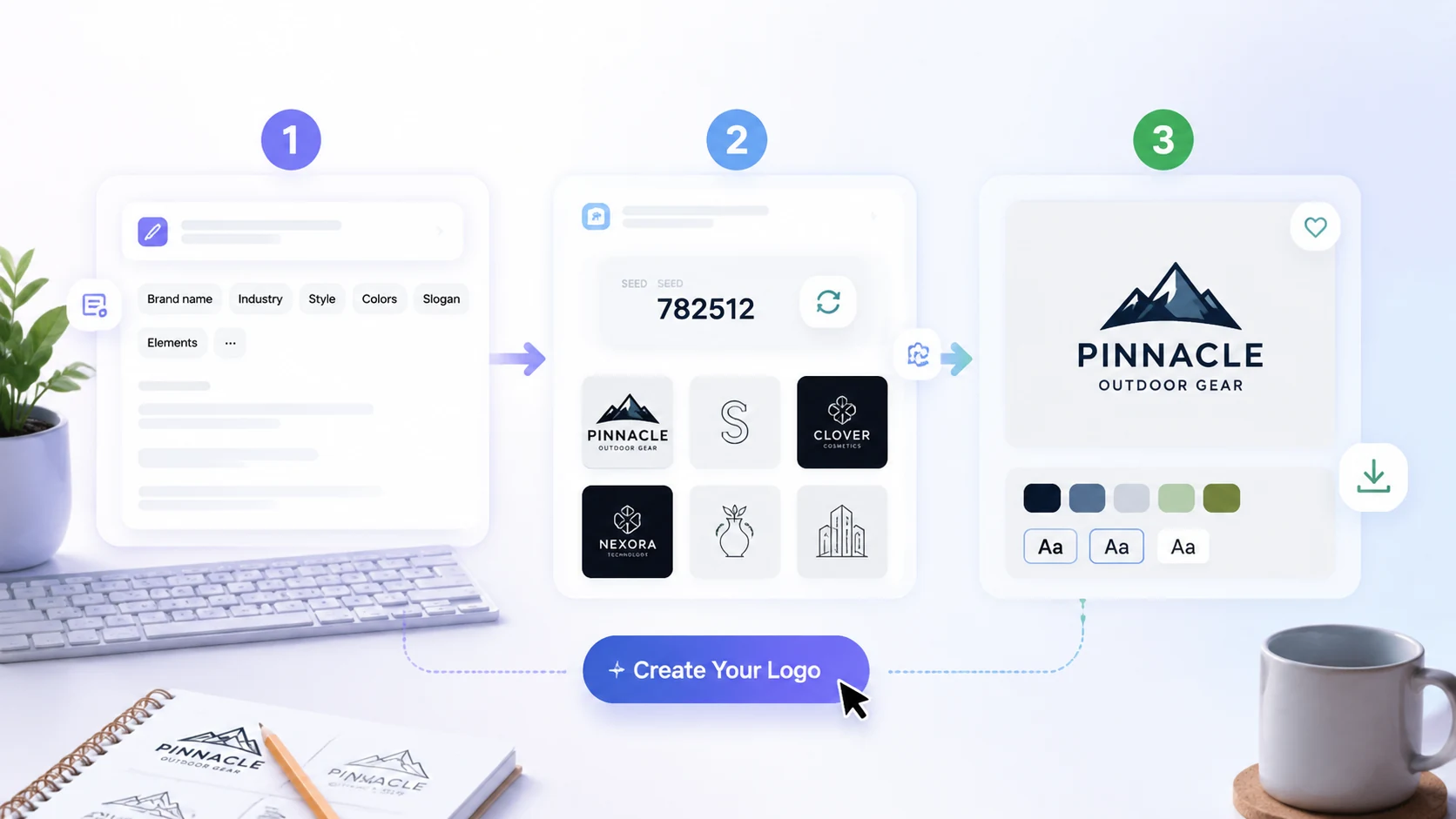 AI Logo Generator workflow interface showing prompt, seed, and logo creation steps