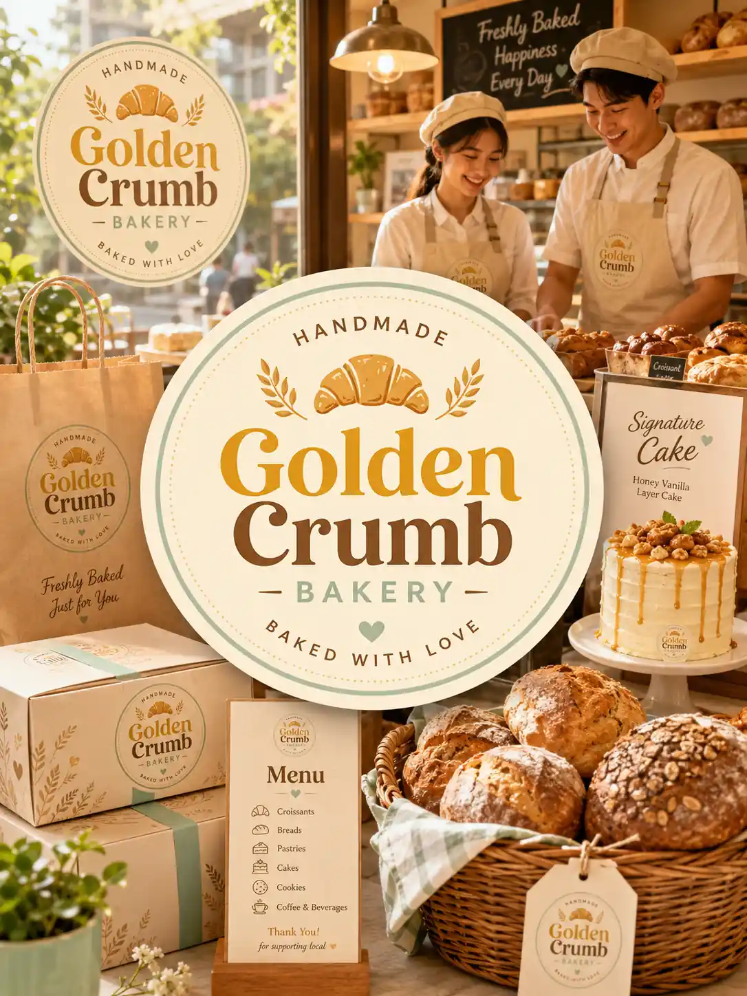Golden Crumb artisan bakery logo displayed with bread packaging and warm shop details
