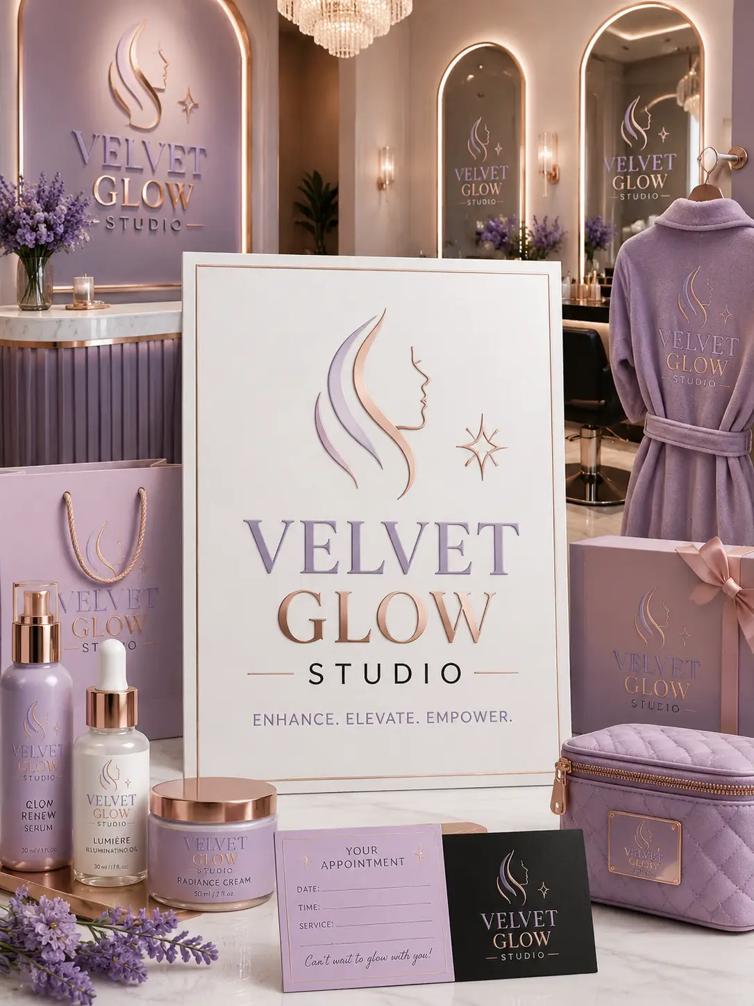 Velvet Glow beauty salon logo presented on elegant salon branding and packaging