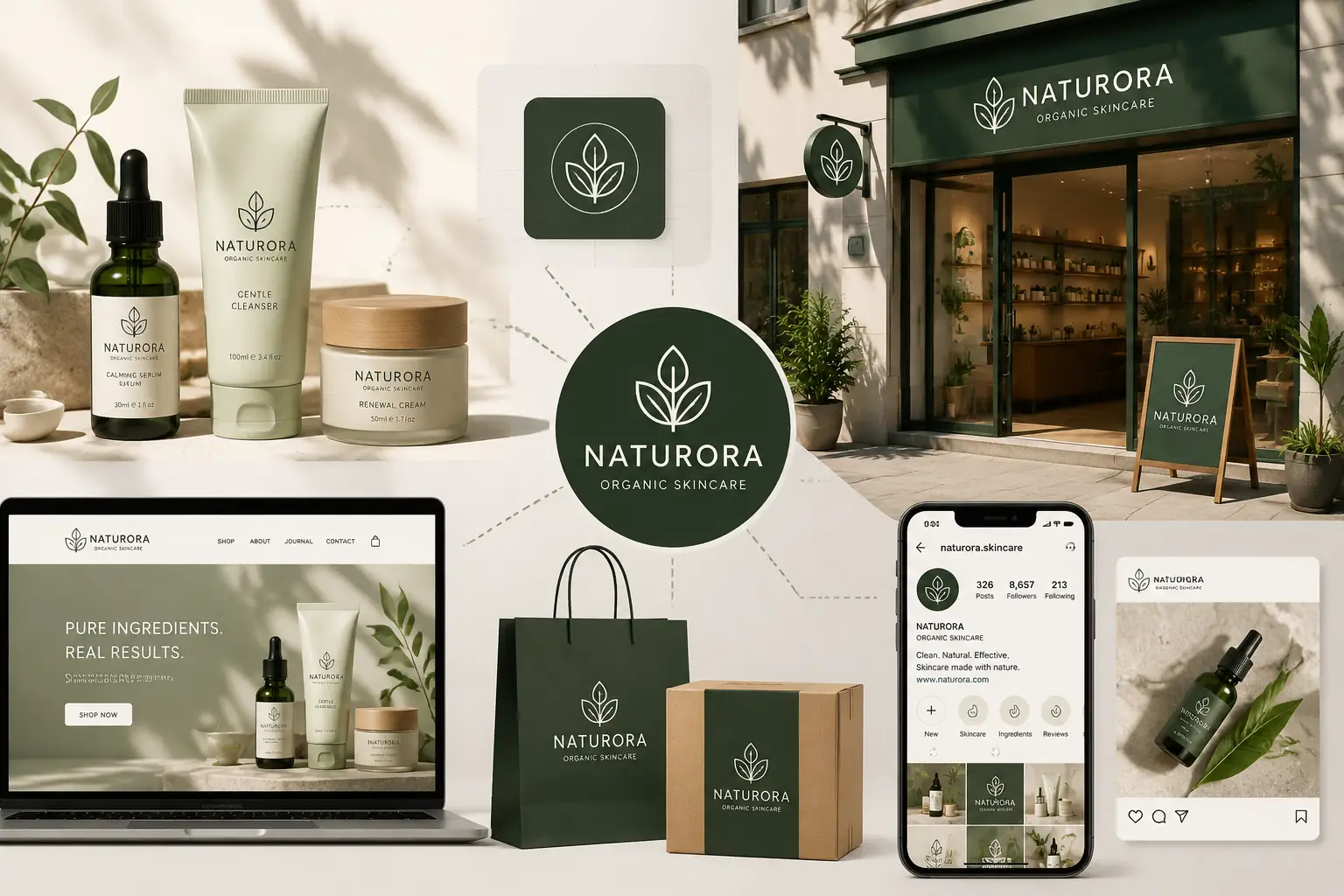 Skincare product packaging and store visuals using a recognizable AI generated logo