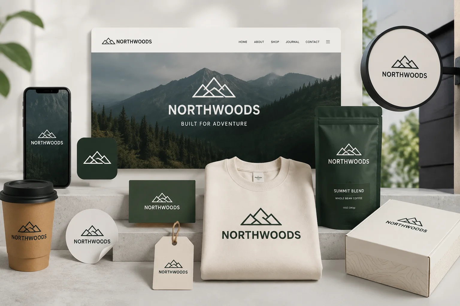 Logo format kit showing a brand mark across labels, devices, and packaging