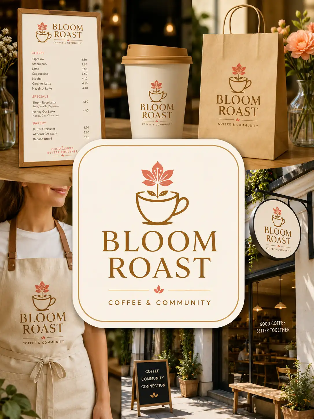Bloom Roast coffee shop logo shown on signage, cups, and cafe brand materials