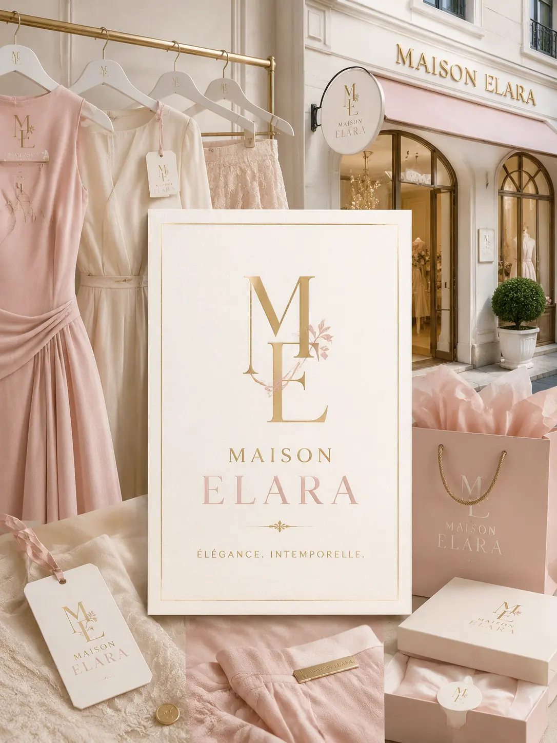 Elara Mode fashion boutique logo on a refined retail display with soft neutral styling
