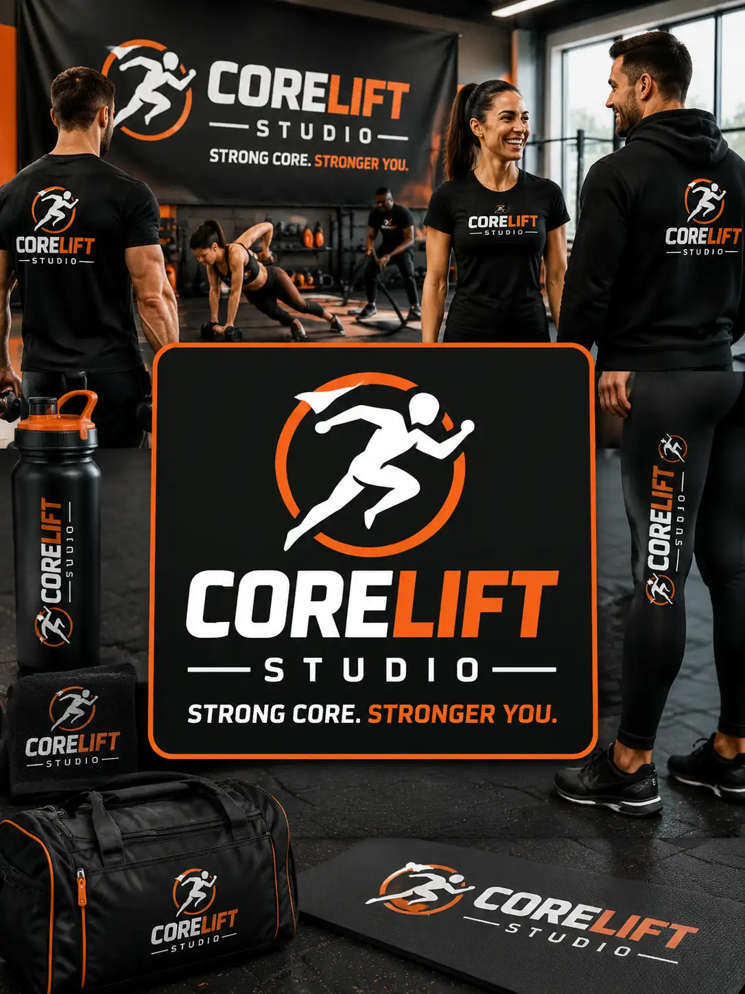 CoreLift fitness studio logo displayed on gym signage, apparel, and training materials