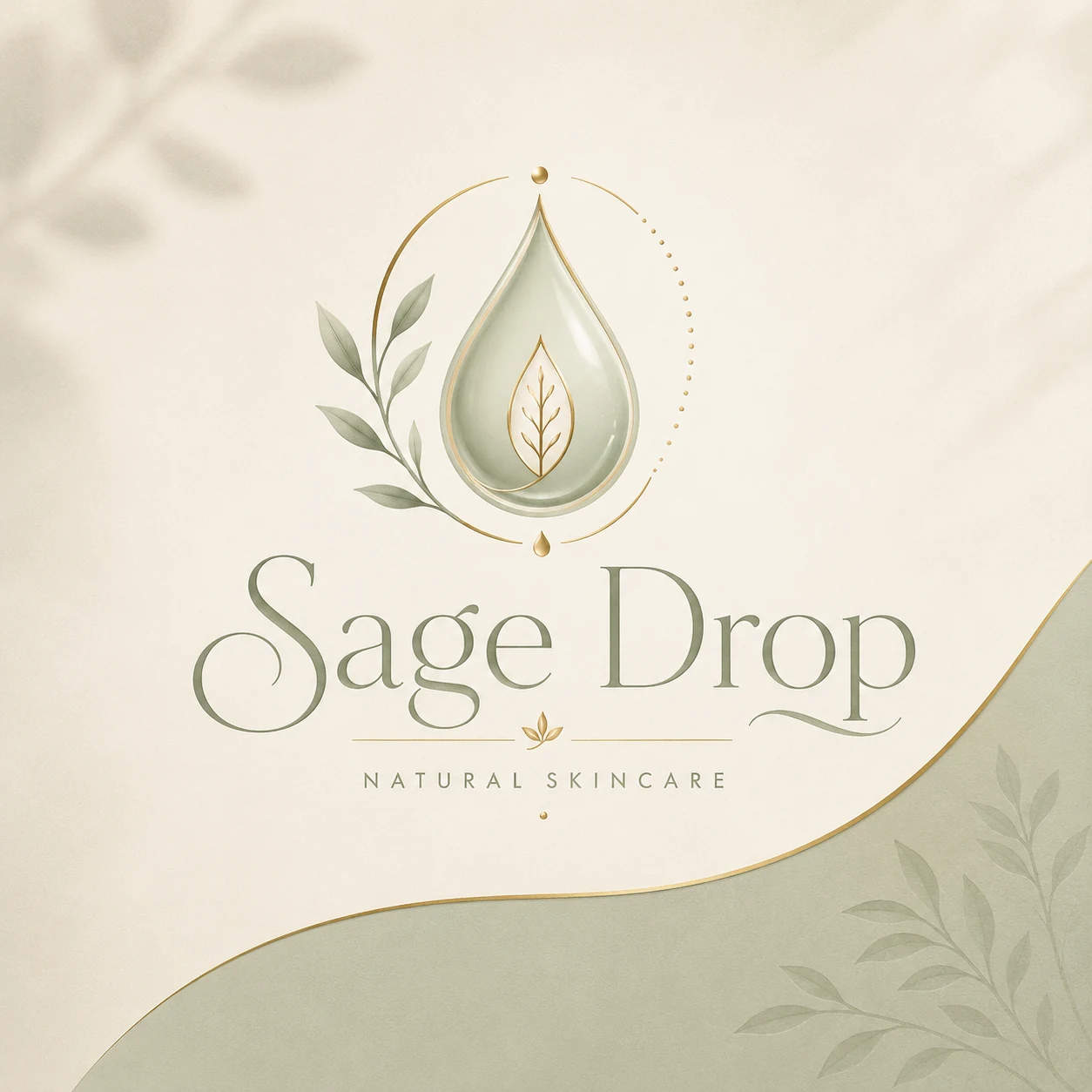 Sage Drop skincare logo concept with a soft leaf and droplet emblem