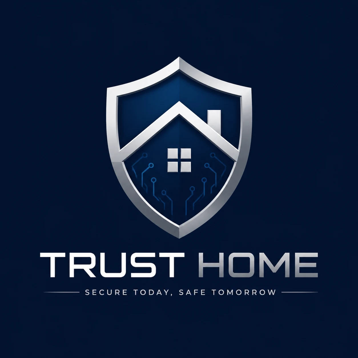 Trust Home real estate logo concept with a shield mark on a deep blue background