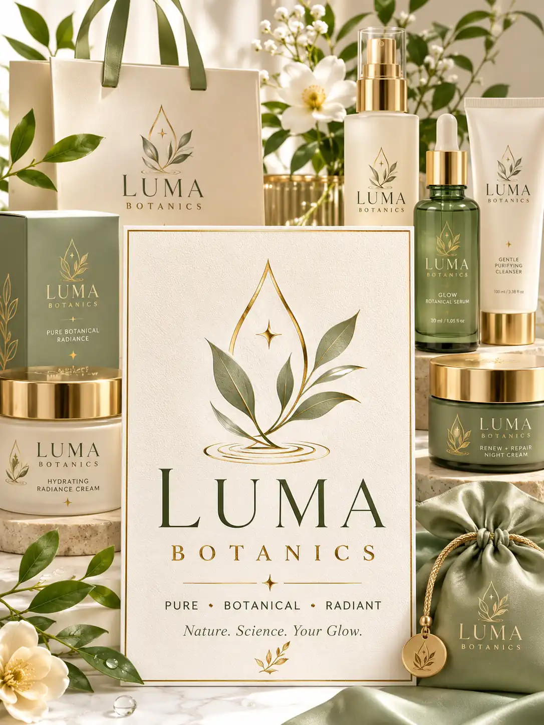 Luma Botanics organic skincare logo on bottles, boxes, and soft botanical packaging