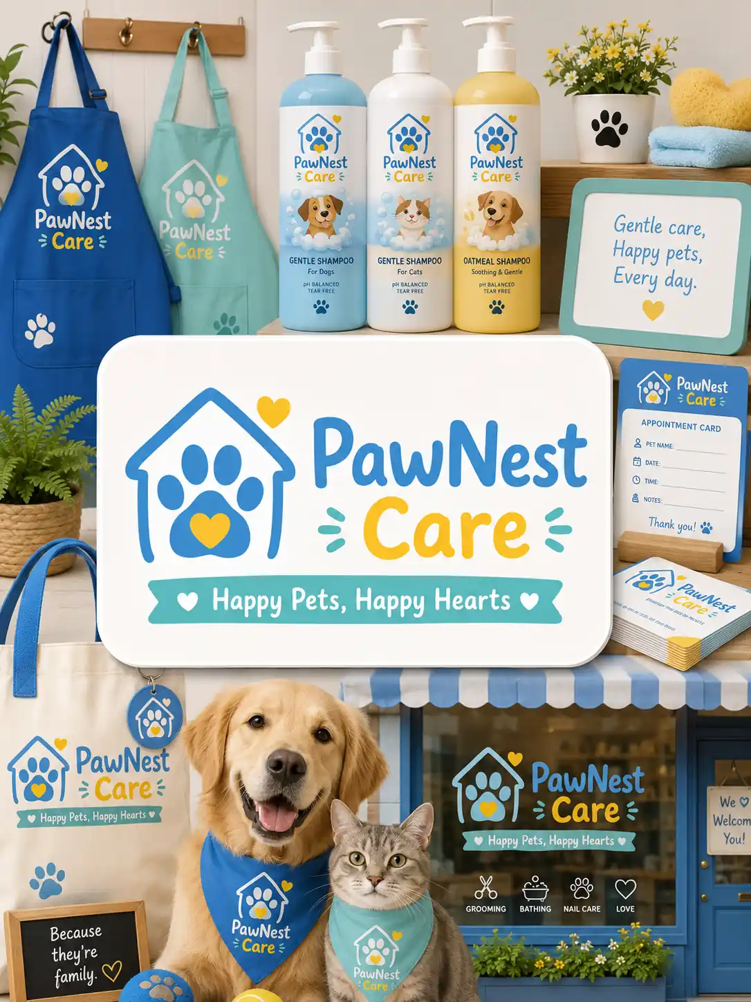 PawNest pet care logo shown on pet products, signs, and friendly service branding