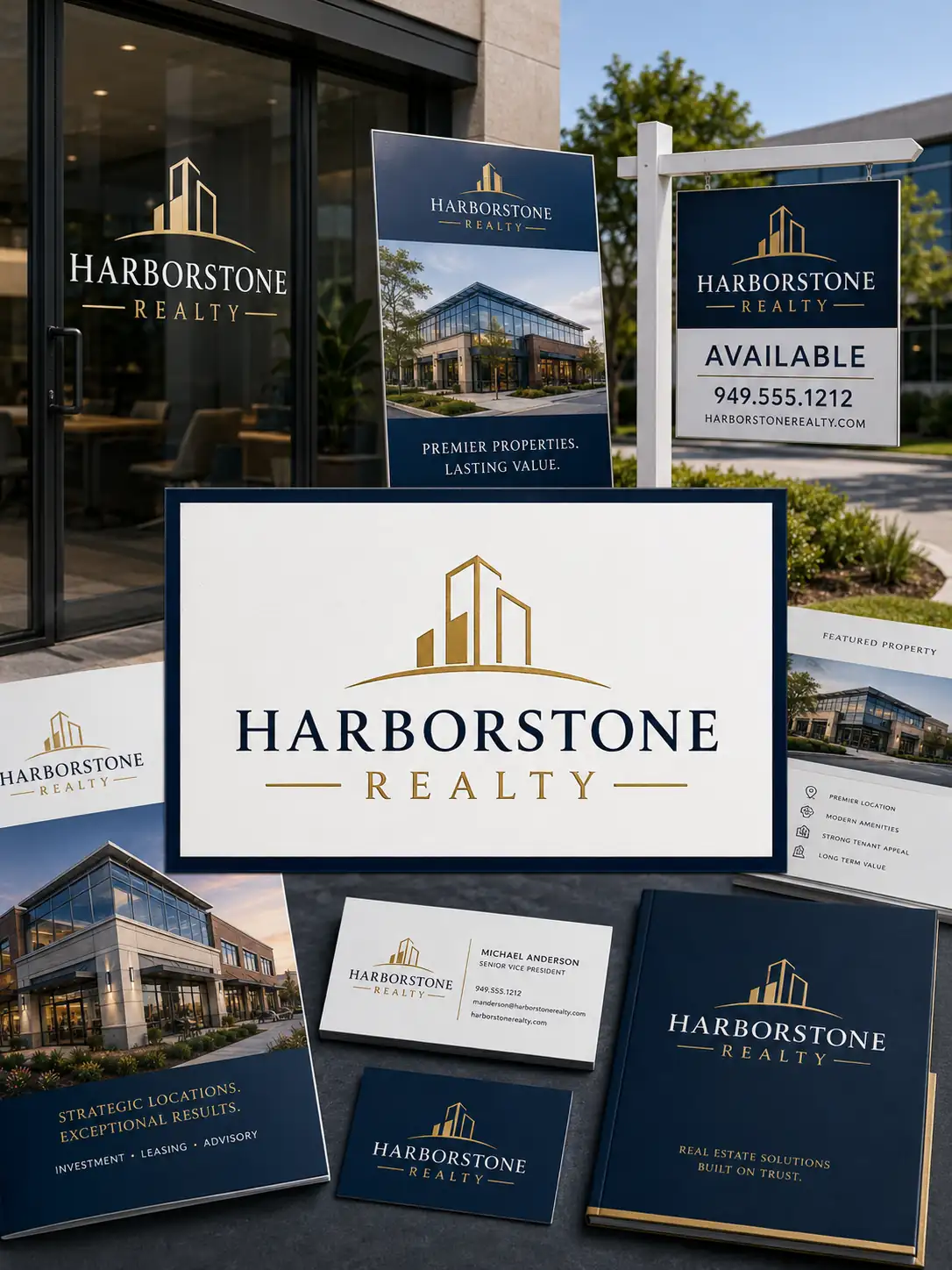 Harborstone real estate logo applied to signs, property boards, and brand stationery