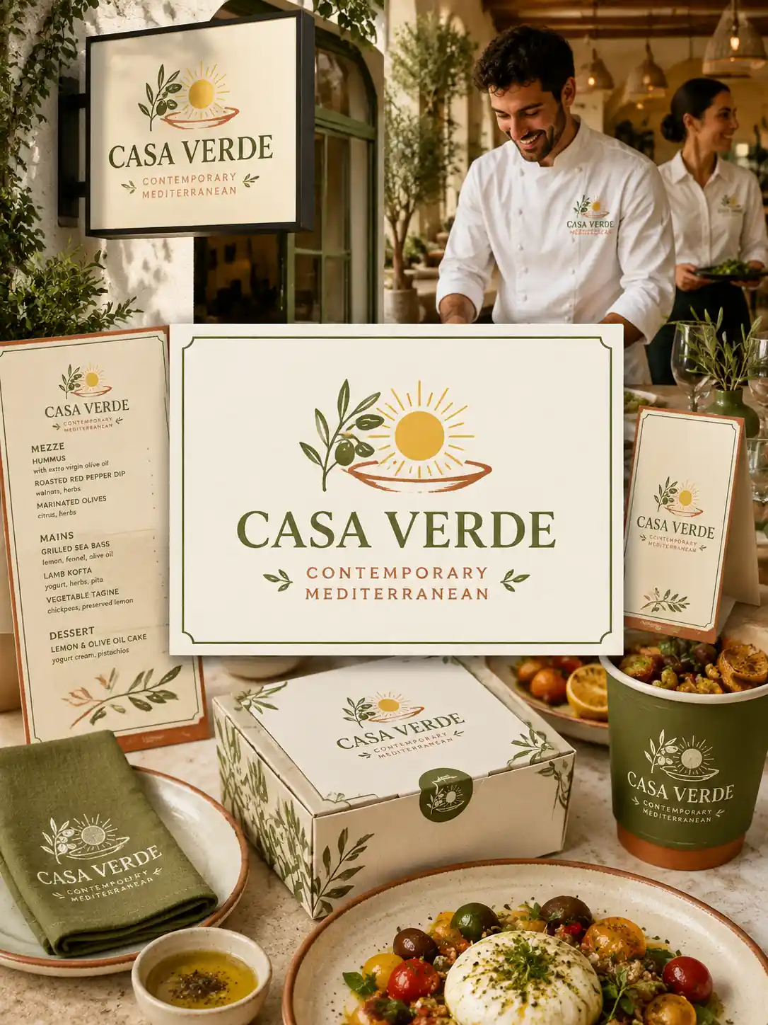 Casa Verde restaurant logo applied to menus, packaging, and warm dining brand items
