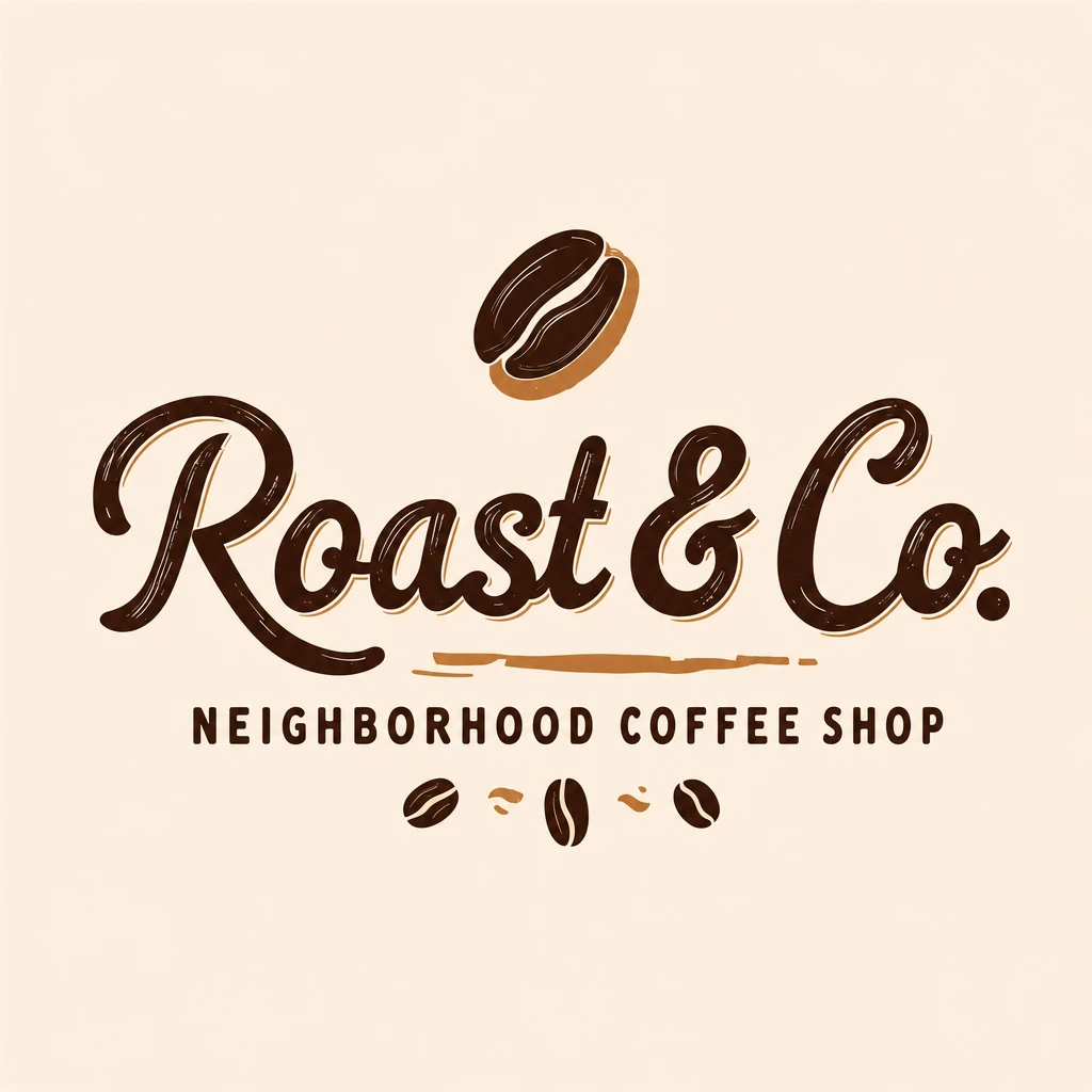 Roast & Co. neighborhood coffee shop logo with warm script lettering and coffee bean icon