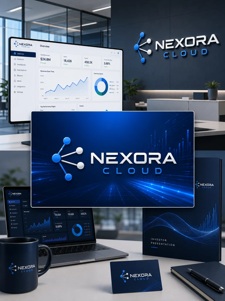 Nexora SaaS startup logo displayed across dashboard screens and technology branding