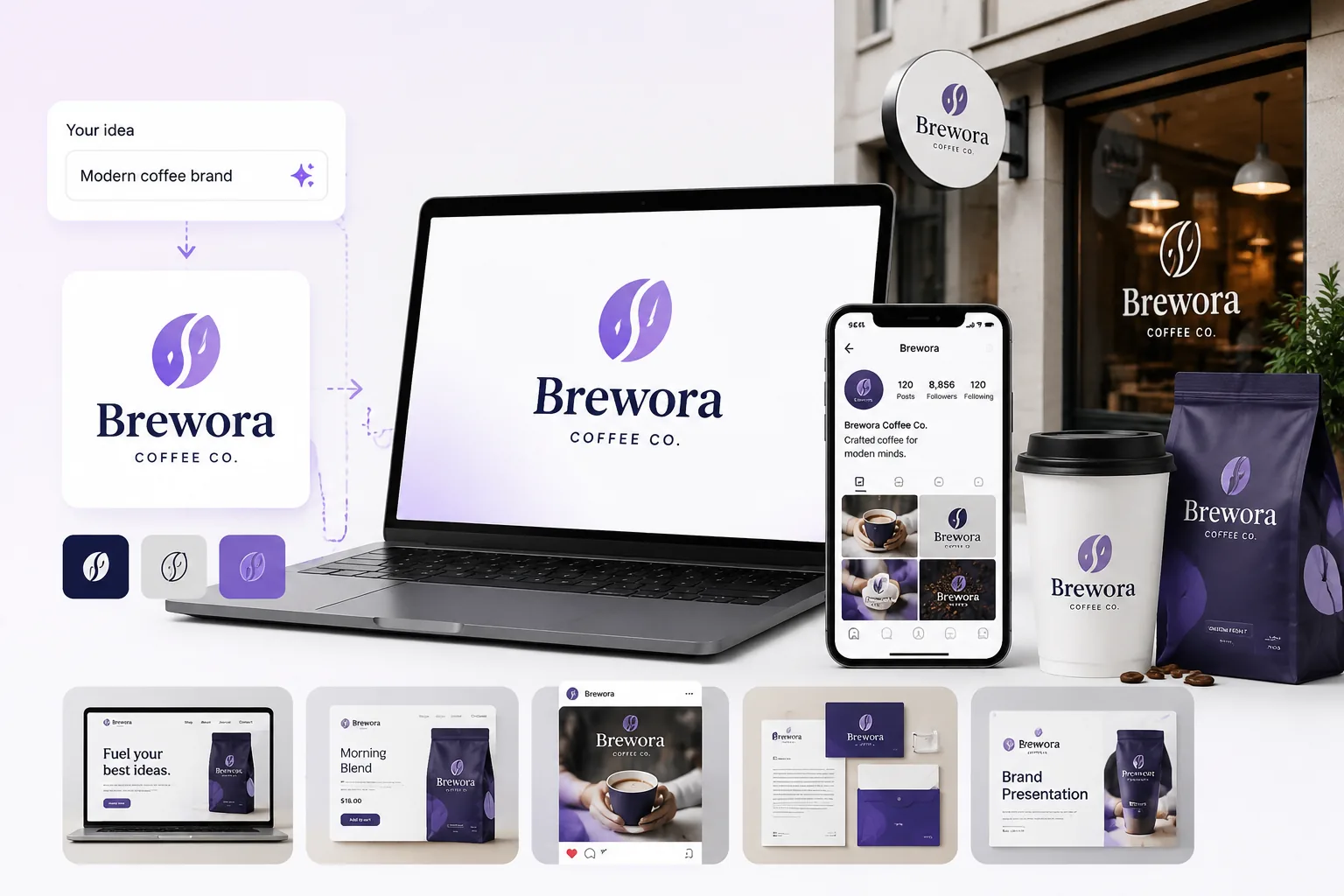 Brand kit mockup showing a text idea turned into ready-to-use logo assets
