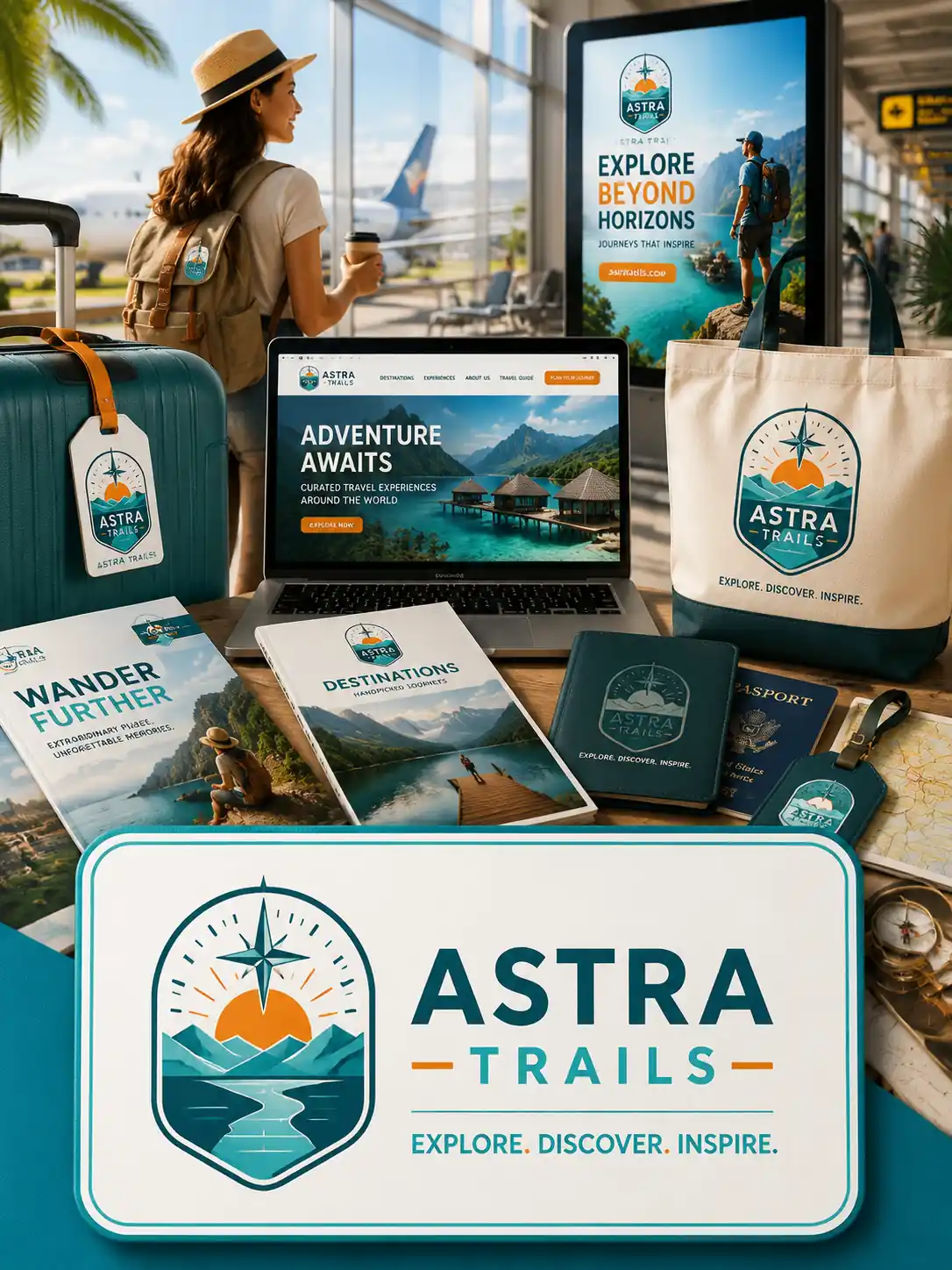 Astra Trails travel agency logo shown across brochures, screens, and adventure branding