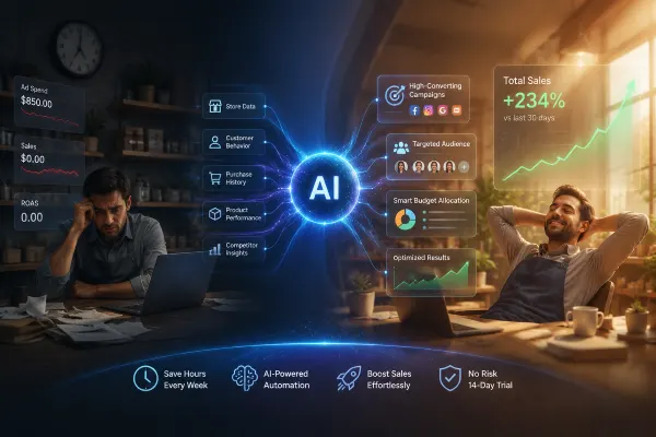 展示店主广告投放增长效果的 AI 营销工具广告创意图