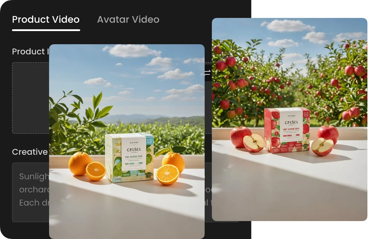 Maintaining perfect beverage box details in a vibrant orchard scene via AI product video generator.