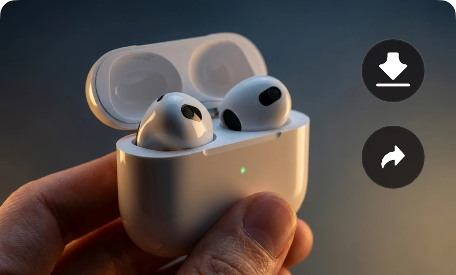 Final cinematic wireless earbuds clip generated by AI, ready to download for instant social sales.