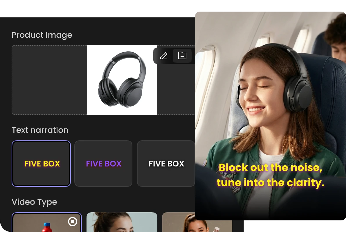 Converting a standard headphone image into a dynamic airplane ad via AI product video generator.