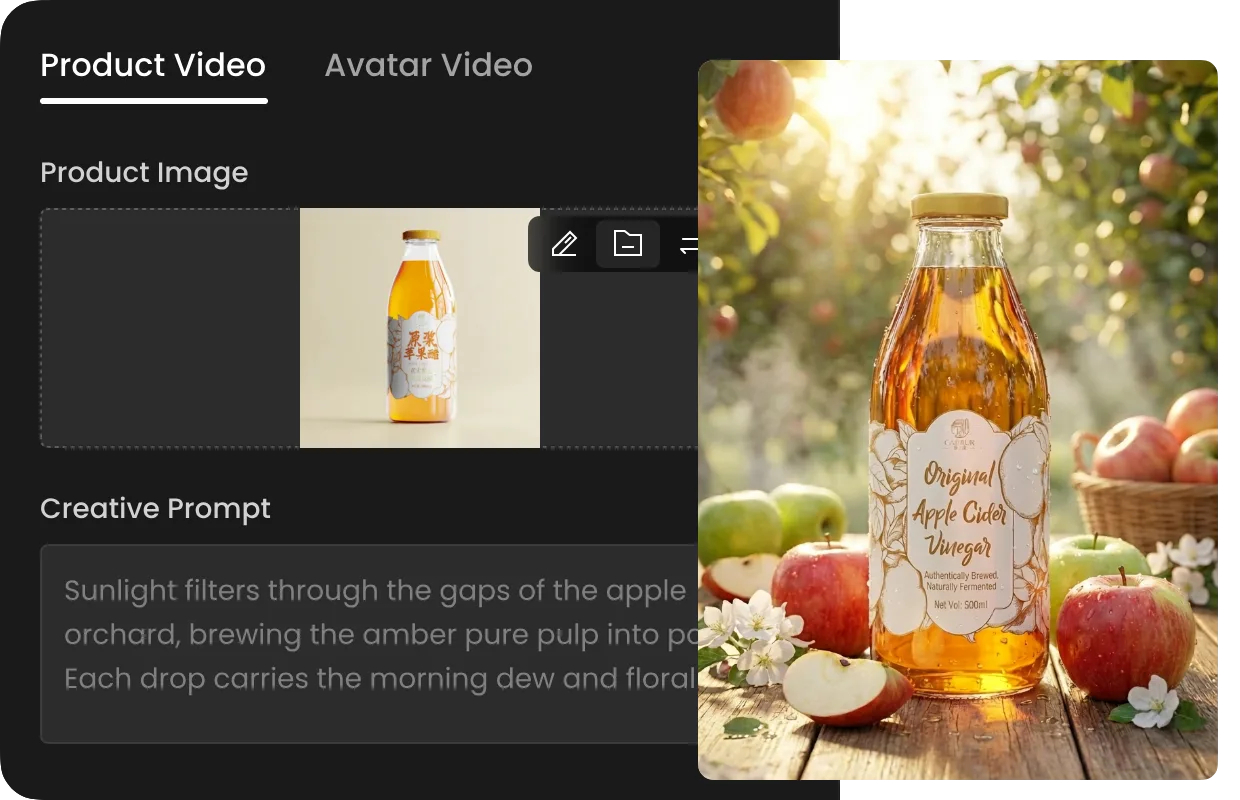 Plain juice bottle transformed into a cinematic apple orchard commercial via AI product video.