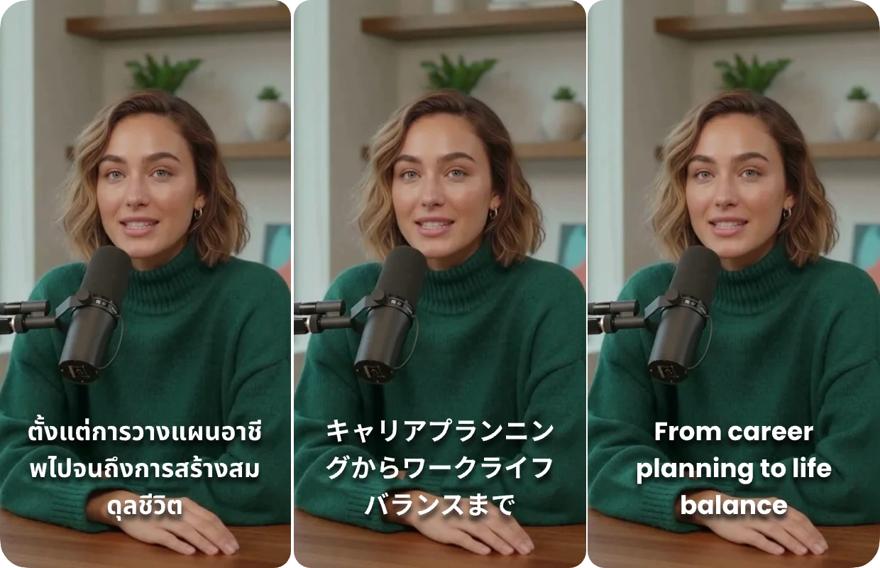 Seamlessly translated podcast scripts delivered by a lip-synced avatar via AI product video.