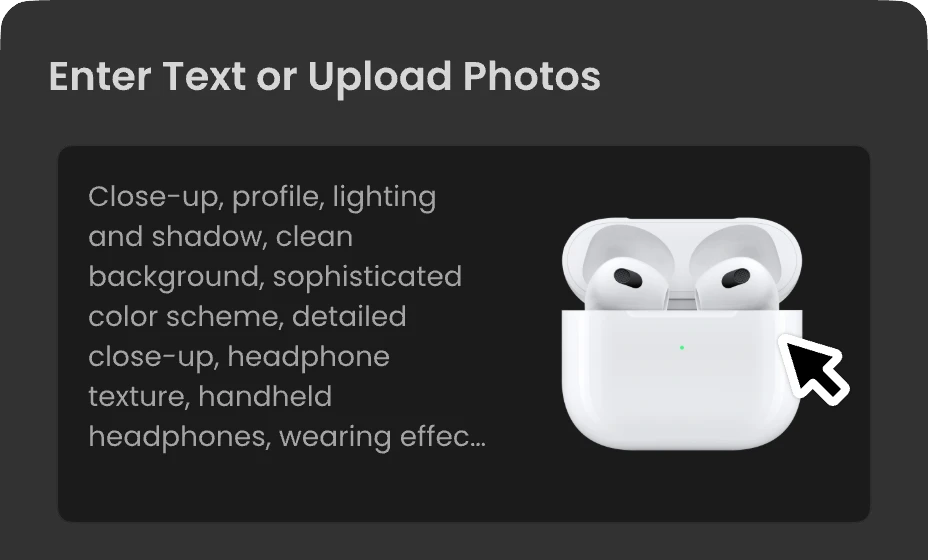 Typing a complex text prompt for wireless earbuds into the AI product video generator interface.