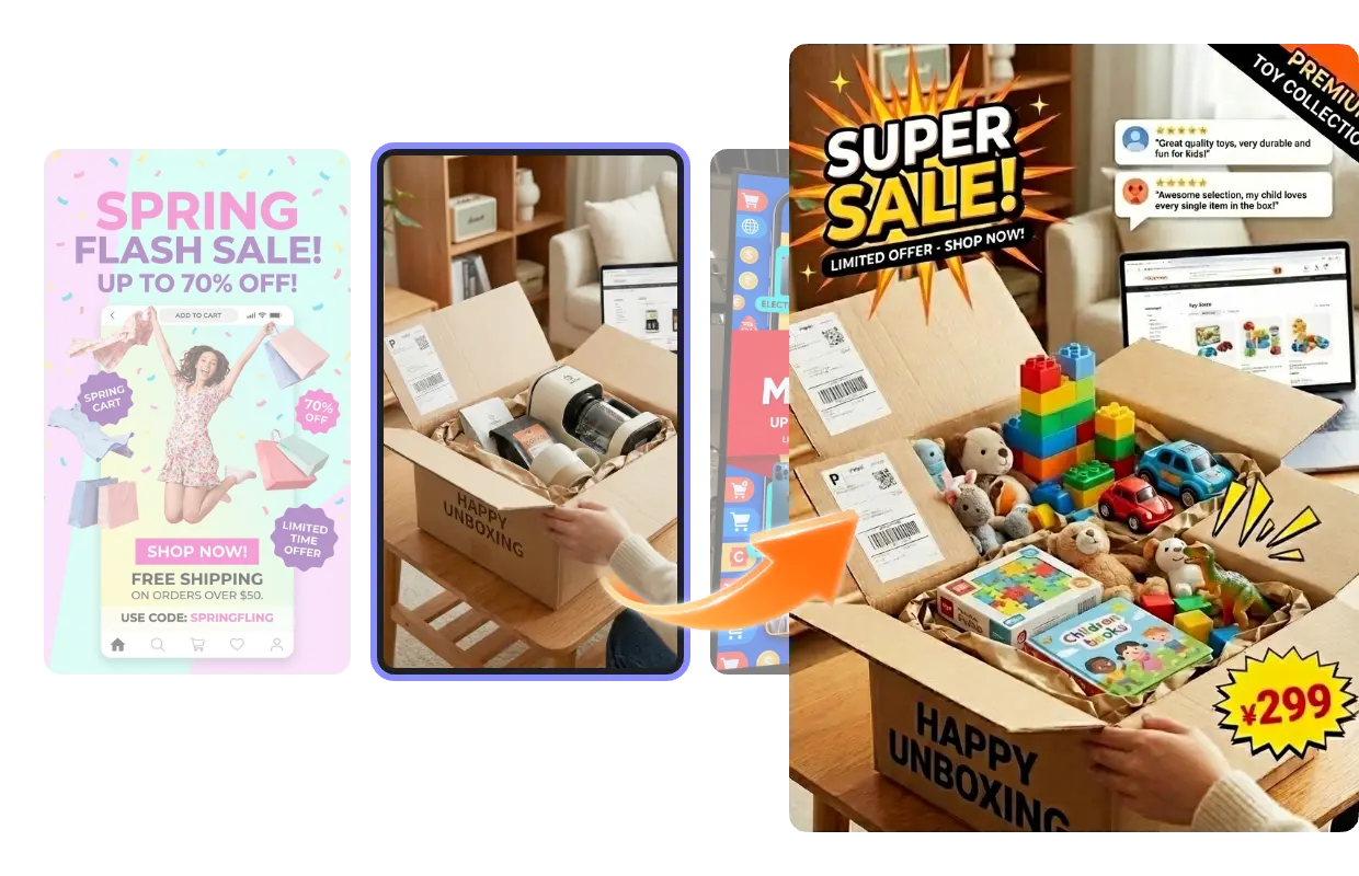 Dynamic toy unboxing commercial created instantly using tailored AI product video templates.