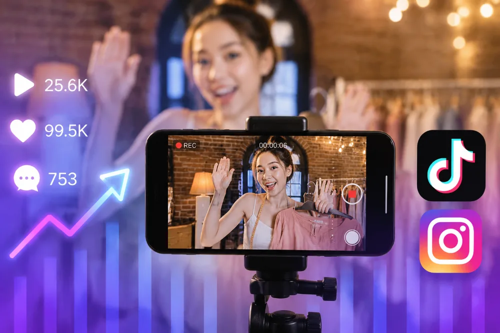 创作者正在拍摄用于社交媒体推广的 TikTok 或 Instagram 风格短视频