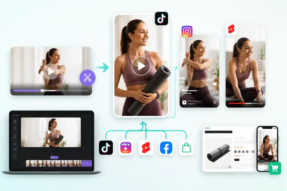 社交视频版本生成工作区,展示一个片段适配 TikTok、Reels、Shorts 和广告