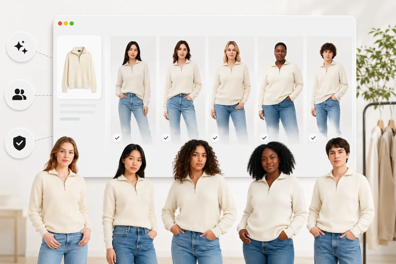 Virtual try-on preview comparing garment fit across different model body types