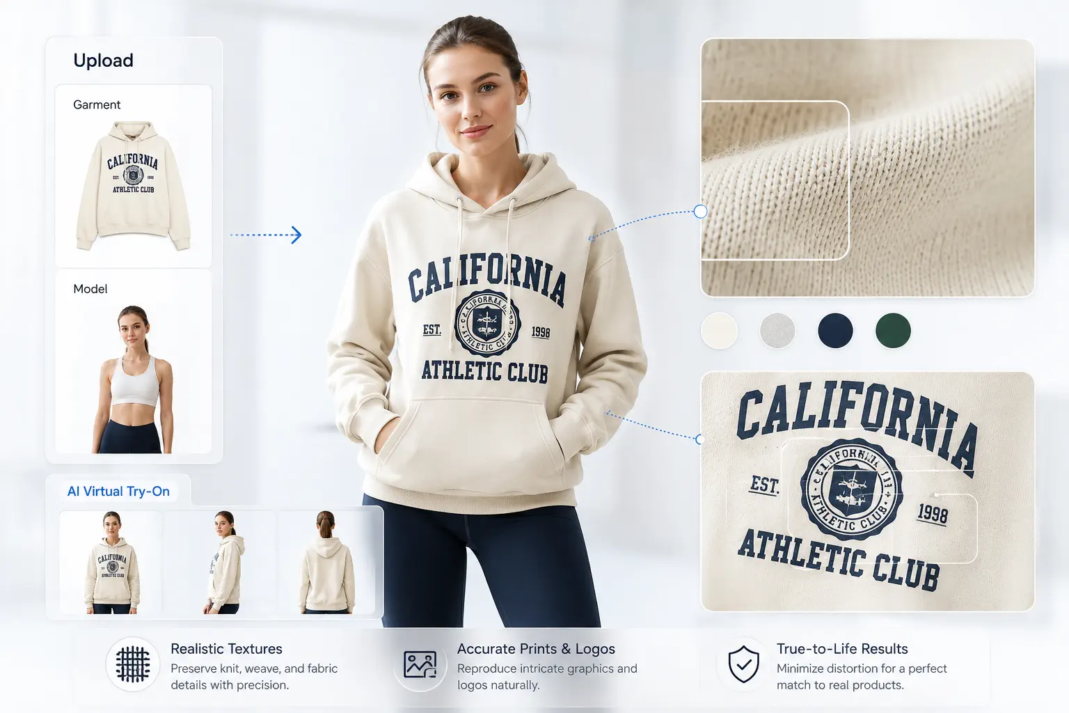 Close clothing preview that preserves fabric texture, print details, and brand logos