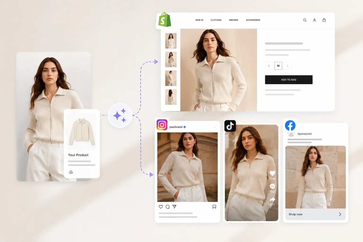 Fashion marketing visuals generated from one clothing photo for Shopify and ads